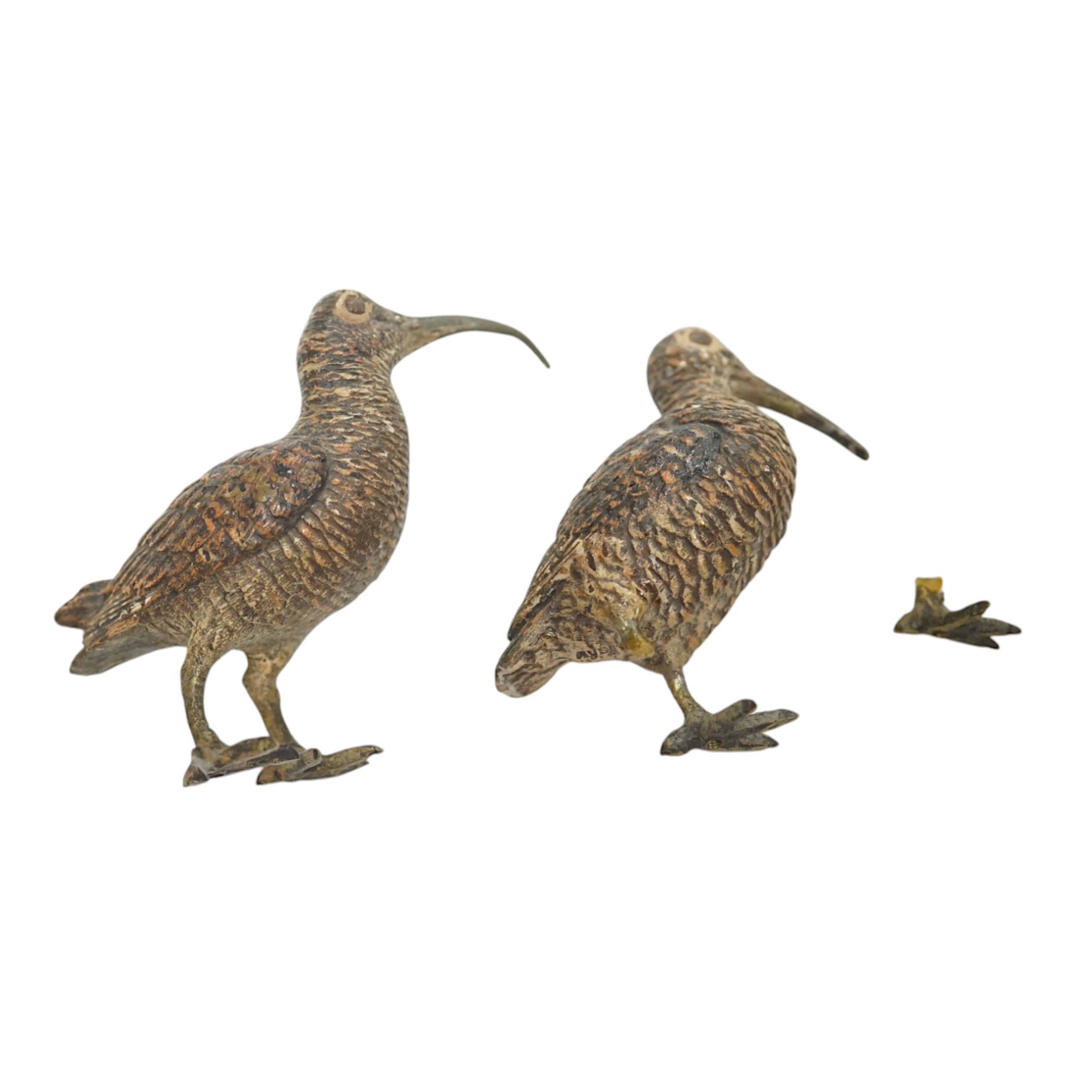 Two early 20th century cold painted bronze Long Billed Curlew, larger 6cm high. Condition fair to poor, smaller has detached foot but present.